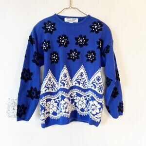 Kitty Hawk by Vivian Wang Vintage 80s Blue Winter Floral Pearl Sweater M